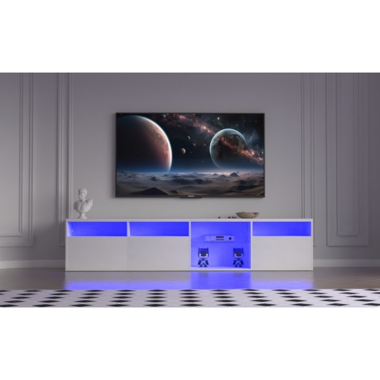 TV Console with Storage Cabinets, 82.6 Inch Long LED TV Stand with Full RGB Color Selection, 31 Modes Changing Lights Modern Entertainment Center with Power Cord (White, for 75/80 inches TV)