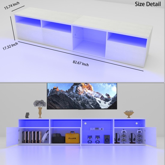 TV Console with Storage Cabinets, 82.6 Inch Long LED TV Stand with Full RGB Color Selection, 31 Modes Changing Lights Modern Entertainment Center with Power Cord (White, for 75/80 inches TV)