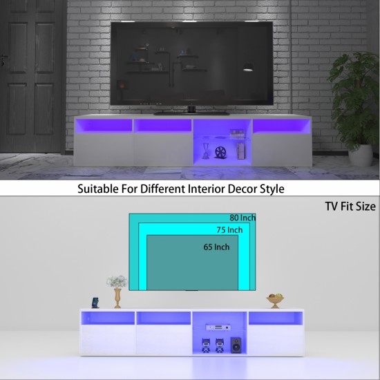 TV Console with Storage Cabinets, 82.6 Inch Long LED TV Stand with Full RGB Color Selection, 31 Modes Changing Lights Modern Entertainment Center with Power Cord (White, for 75/80 inches TV)