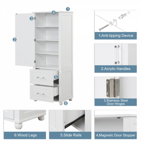 Tall Bathroom Storage Cabinet, Freestanding Storage Cabinet with Two Drawers and Adjustable Shelf, MDF Board with Painted Finish, White