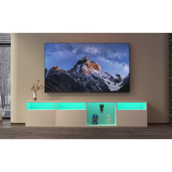 TV Console with Storage Cabinets, 82.6 Inch Long LED TV Stand with Full RGB Color Selection, 31 Modes Changing Lights Modern Entertainment Center with Power Cord (White, for 75/80 inches TV)