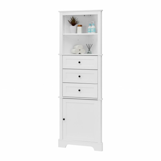 White Triangle Tall Cabinet with 3 Drawers and Adjustable Shelves for Bathroom, Kitchen or Living Room, MDF Board with Painted Finish