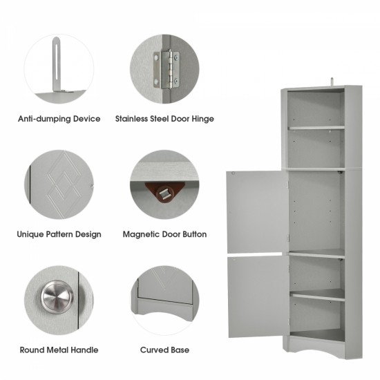 Tall Bathroom Corner Cabinet, Freestanding Storage Cabinet with Doors and Adjustable Shelves, MDF Board, Gray