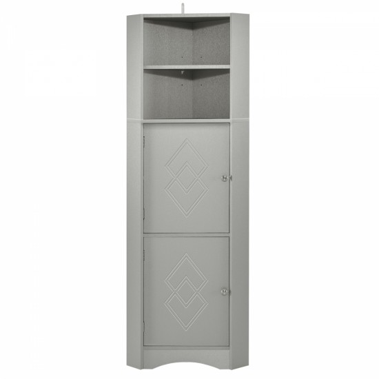 Tall Bathroom Corner Cabinet, Freestanding Storage Cabinet with Doors and Adjustable Shelves, MDF Board, Gray