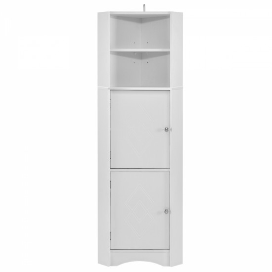 Tall Bathroom Corner Cabinet, Freestanding Storage Cabinet with Doors and Adjustable Shelves, MDF Board, White