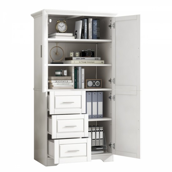 Tall and Wide Storage Cabinet with Doors for Bathroom/Office, Three Drawers, White