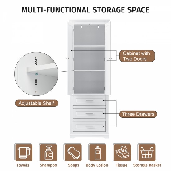 Tall Storage Cabinet with Three Drawers for Bathroom/Office, White