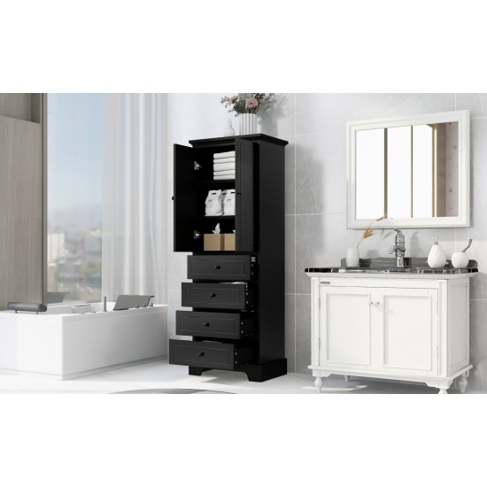 Storage Cabinet with 2 Doors and 4 Drawers for Bathroom, Office, Adjustable Shelf, MDF Board with Painted Finish, Black