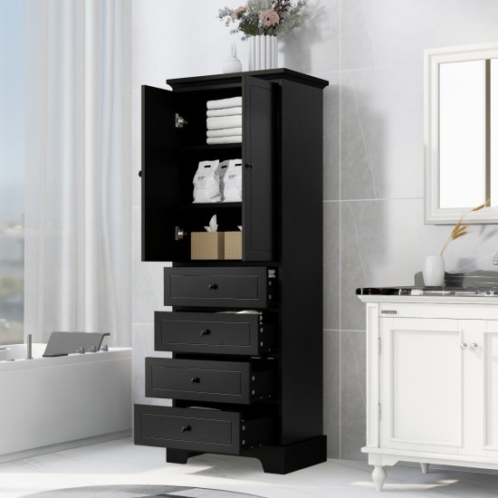 Storage Cabinet with 2 Doors and 4 Drawers for Bathroom, Office, Adjustable Shelf, MDF Board with Painted Finish, Black