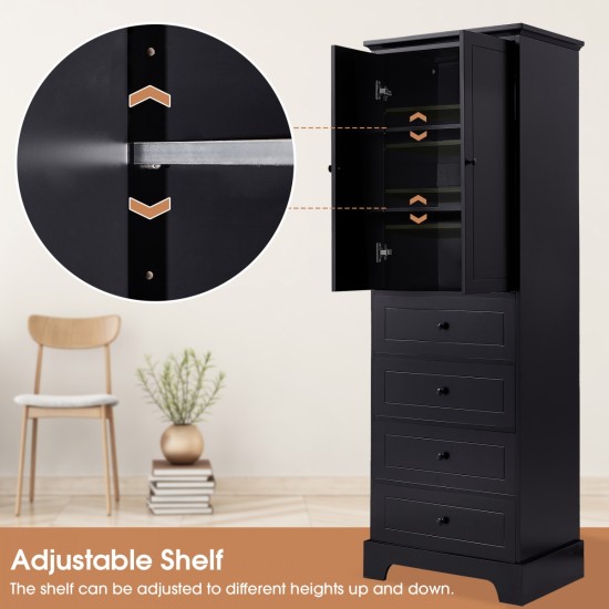 Storage Cabinet with 2 Doors and 4 Drawers for Bathroom, Office, Adjustable Shelf, MDF Board with Painted Finish, Black