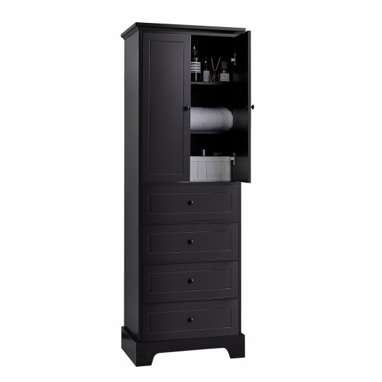 Storage Cabinet with 2 Doors and 4 Drawers for Bathroom, Office, Adjustable Shelf, MDF Board with Painted Finish, Black