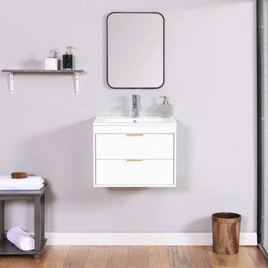 24 Inch floating wall mounted bathroom vanity with white ceramic sink and drawer storage