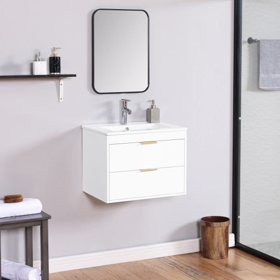 24 Inch floating wall mounted bathroom vanity with white ceramic sink and drawer storage