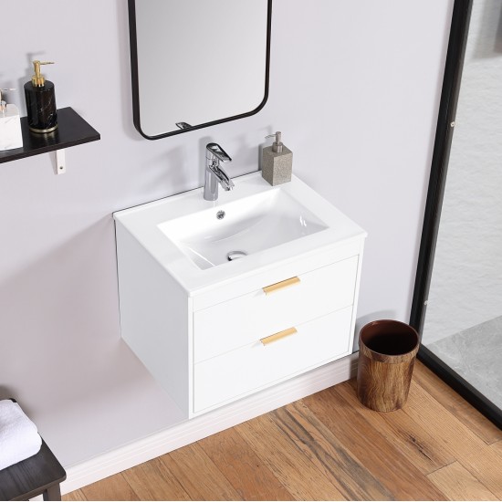 24 Inch floating wall mounted bathroom vanity with white ceramic sink and drawer storage