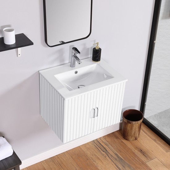 24 Inch Floating Wall Mounted Bathroom Vanity with White Porcelain Sink and Soft Close Doors