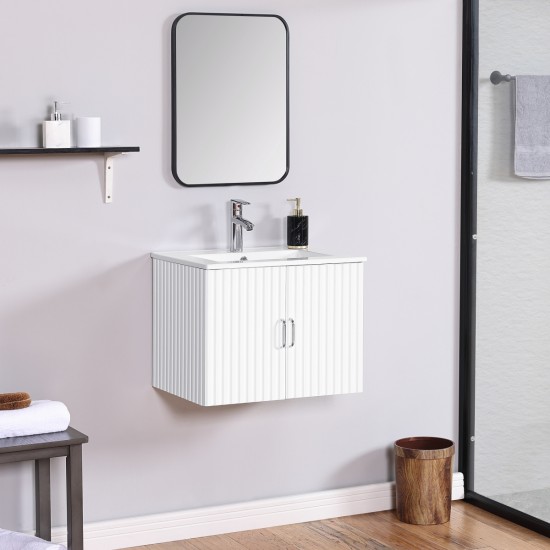 24 Inch Floating Wall Mounted Bathroom Vanity with White Porcelain Sink and Soft Close Doors