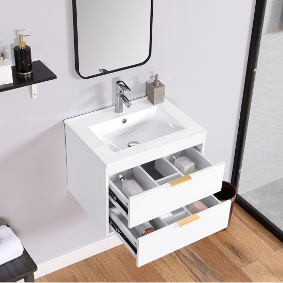 24 Inch floating wall mounted bathroom vanity with white ceramic sink and drawer storage