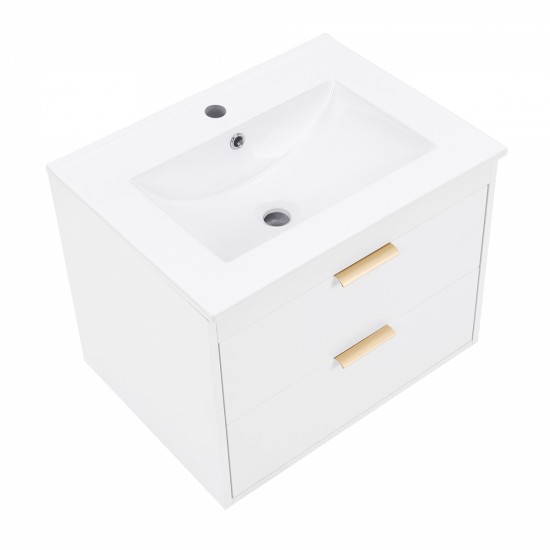 24 Inch floating wall mounted bathroom vanity with white ceramic sink and drawer storage