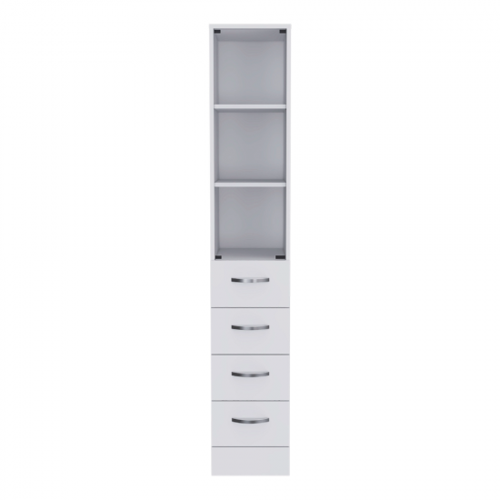 68H Inch Linen Cabinet, Three Shelves, Four Drawers and Metal handles, White