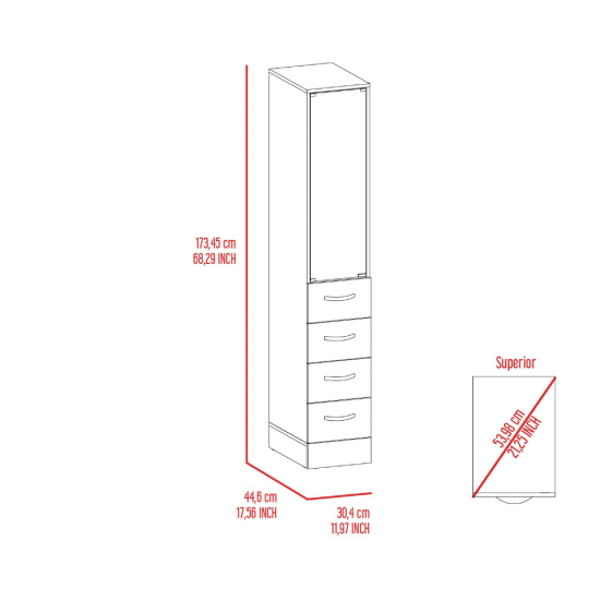 68H Inch Linen Cabinet, Three Shelves, Four Drawers and Metal handles, White