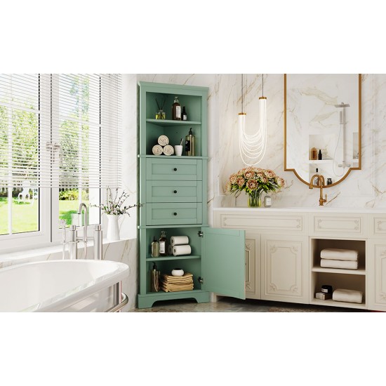 Green Triangle Tall Cabinet with 3 Drawers and Adjustable Shelves for Bathroom, Kitchen or Living Room, MDF Board with Painted Finish