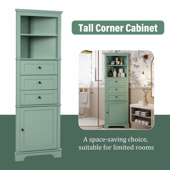 Green Triangle Tall Cabinet with 3 Drawers and Adjustable Shelves for Bathroom, Kitchen or Living Room, MDF Board with Painted Finish