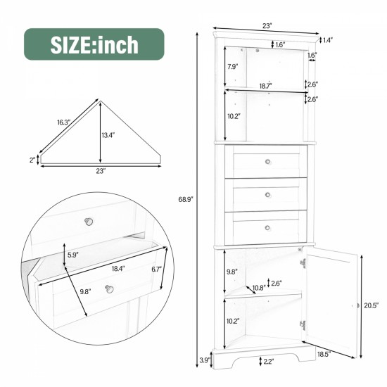 Green Triangle Tall Cabinet with 3 Drawers and Adjustable Shelves for Bathroom, Kitchen or Living Room, MDF Board with Painted Finish