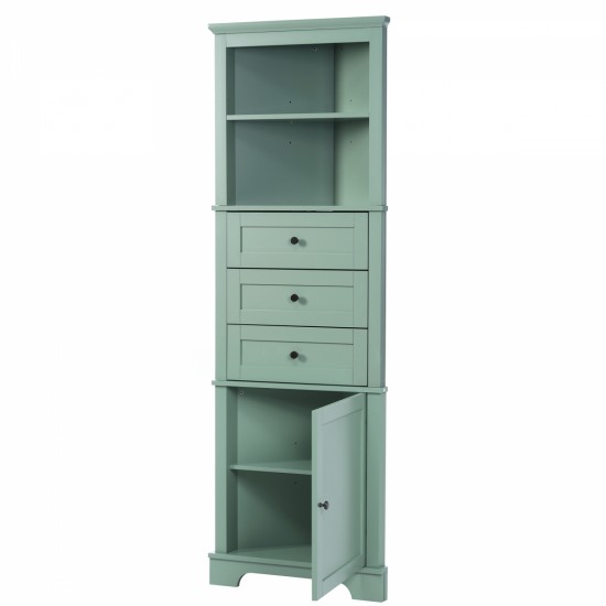 Green Triangle Tall Cabinet with 3 Drawers and Adjustable Shelves for Bathroom, Kitchen or Living Room, MDF Board with Painted Finish