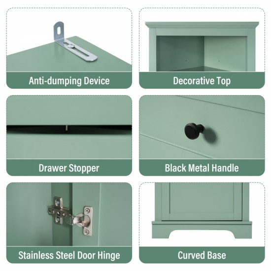 Green Triangle Tall Cabinet with 3 Drawers and Adjustable Shelves for Bathroom, Kitchen or Living Room, MDF Board with Painted Finish