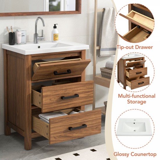 24'' Bathroom Vanity with Ceramic Basin Sink, Modern Bathroom Storage Cabinet with 3 Drawers, Freestanding Bathroom Vanity Cabinet with Single Sink