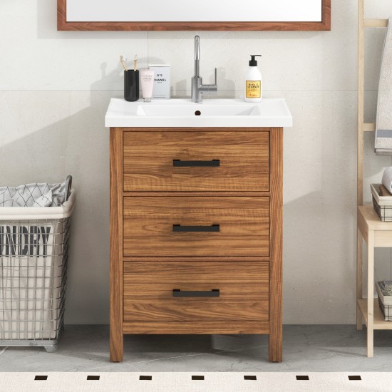 24'' Bathroom Vanity with Ceramic Basin Sink, Modern Bathroom Storage Cabinet with 3 Drawers, Freestanding Bathroom Vanity Cabinet with Single Sink