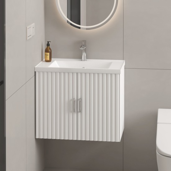 24 Inch Floating Wall Mounted Bathroom Vanity with White Porcelain Sink and Soft Close Doors