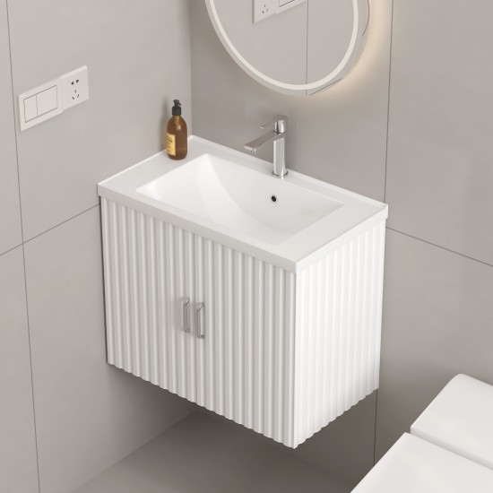 24 Inch Floating Wall Mounted Bathroom Vanity with White Porcelain Sink and Soft Close Doors