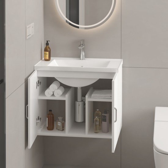 24 Inch Floating Wall Mounted Bathroom Vanity with White Porcelain Sink and Soft Close Doors