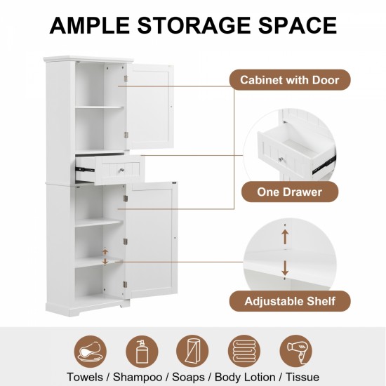 Tall Bathroom Storage Cabinet, Freestanding Storage Cabinet with Drawer and Adjustable Shelf, MDF Board with Painted Finish, White