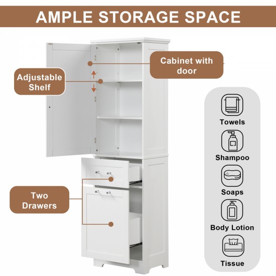 Tall Bathroom Storage Cabinet, Freestanding Storage Cabinet with Two Different Size Drawers and Adjustable Shelf, MDF Board with Painted Finish, White