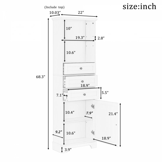 White Tall Storage Cabinet with 3 Drawers and Adjustable Shelves for Bathroom, Kitchen and Living Room, MDF Board with Painted Finish