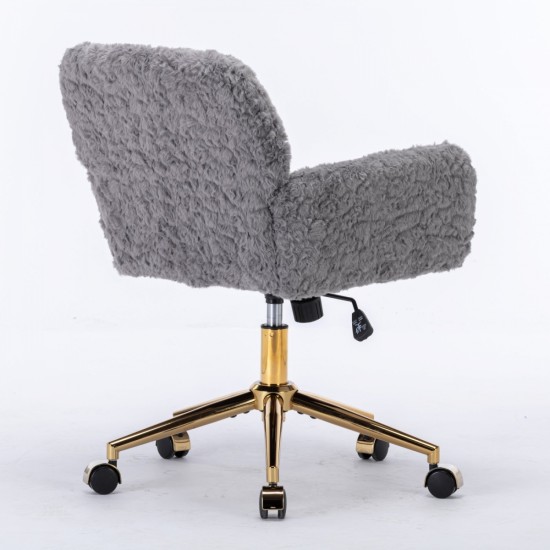 Furniture Office Chair,Artificial rabbit hair Home Office Chair with Golden Metal Base,Adjustable Desk Chair Swivel Office Chair,Vanity Chair(Gray)