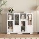 Wooden Floor Cabinet with 2 Glass Doors and 2 Storage Space,White ,Living Room Bathroom Entryway White