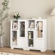 Wooden Floor Cabinet with 2 Glass Doors and 2 Storage Space,White ,Living Room Bathroom Entryway White