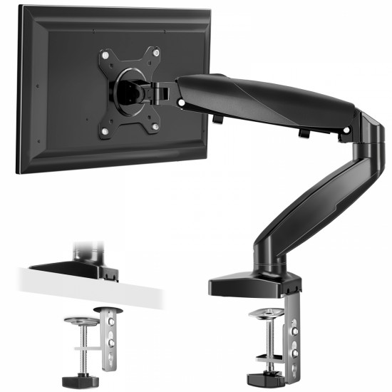 The monitor arm is adjustable for desktop mount and fits 15-27 inch monitors with weight capacities up to 15.4 pounds, black