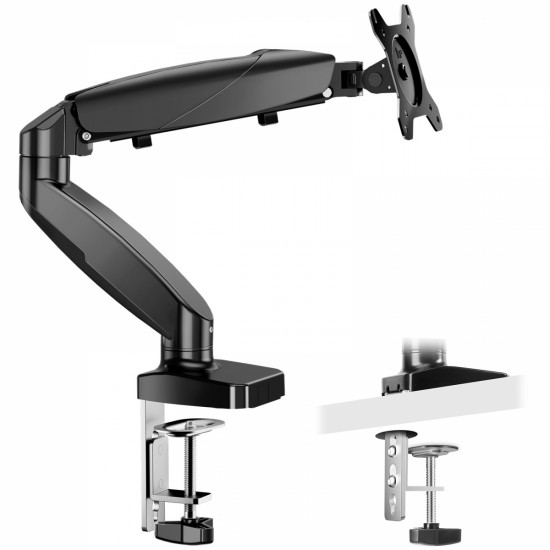 The monitor arm is adjustable for desktop mount and fits 15-27 inch monitors with weight capacities up to 15.4 pounds, black