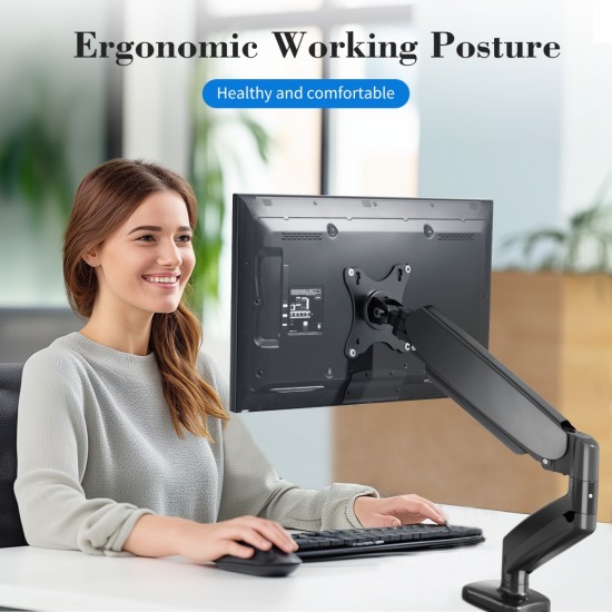 The monitor arm is adjustable for desktop mount and fits 15-27 inch monitors with weight capacities up to 15.4 pounds, black