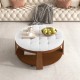 Modern Large Round Ottoman Coffee Table 2-Tier Oversized Button Tufted Ottoman with Wood Shelf Storage Upholstered Coffee Table for Living Room Footrest Ottoman with wheel, waterproof Linen