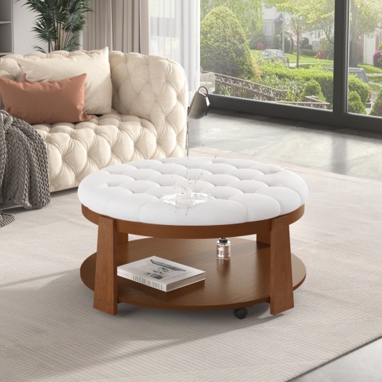 Modern Large Round Ottoman Coffee Table 2-Tier Oversized Button Tufted Ottoman with Wood Shelf Storage Upholstered Coffee Table for Living Room Footrest Ottoman with wheel, waterproof Linen