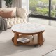 Modern Large Round Ottoman Coffee Table 2-Tier Oversized Button Tufted Ottoman with Wood Shelf Storage Upholstered Coffee Table for Living Room Footrest Ottoman with wheel, waterproof Linen