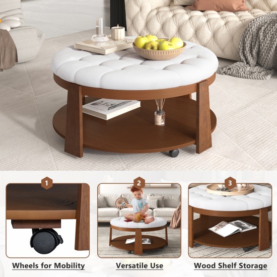 Modern Large Round Ottoman Coffee Table 2-Tier Oversized Button Tufted Ottoman with Wood Shelf Storage Upholstered Coffee Table for Living Room Footrest Ottoman with wheel, waterproof Linen