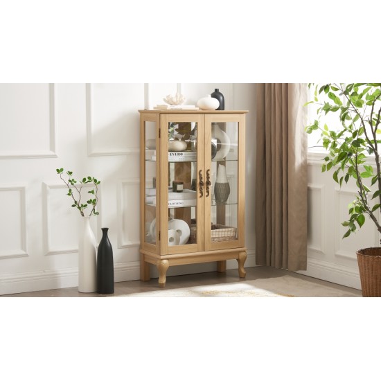 2 Doors Curio Cabinet with Tempered Glass Doors, Curio Cabinets with Mirrored Back Panel and Adjustable Shelves, Lighted Display Cabinet for Home, Office Light Bulb Included OAK