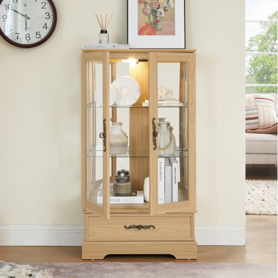 Glass Cabinet Lighted Glass Cabinet Curio Display Cabinet with Adjustable Glass Shelves 2 Doors and 1 drawer Cabinet Bulb Included OAK