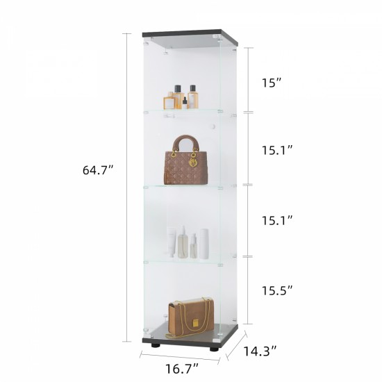 Glass Display Cabinet 4 Shelves with Door, Floor Standing Curio Bookshelf for Living Room Bedroom Office, 64.7 Inch*16.7 Inch*14.3 Inch, Black